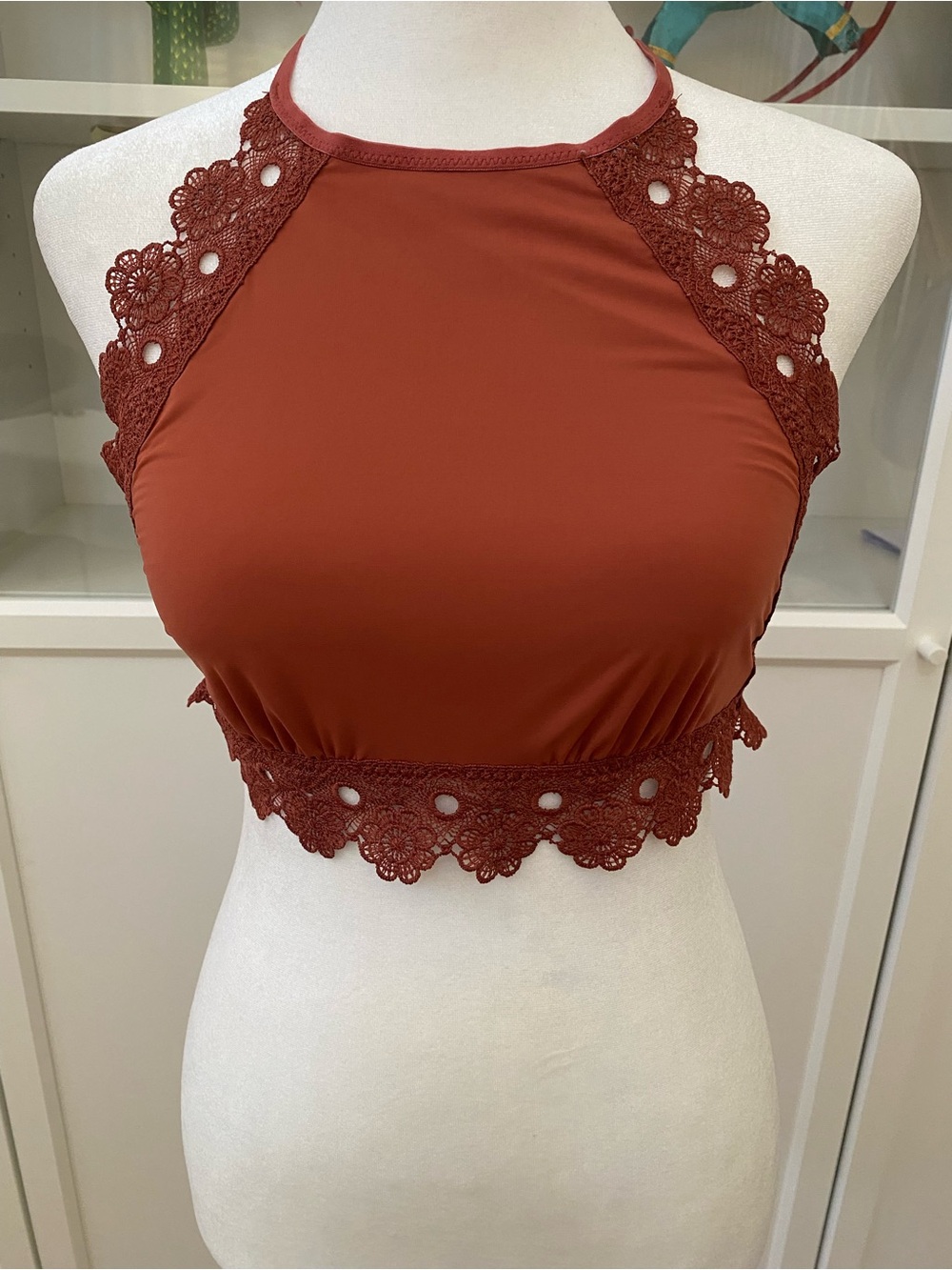 Aerie High-Neck Halter Bralette With Keyhole Back Lace Trim Brown Sz M